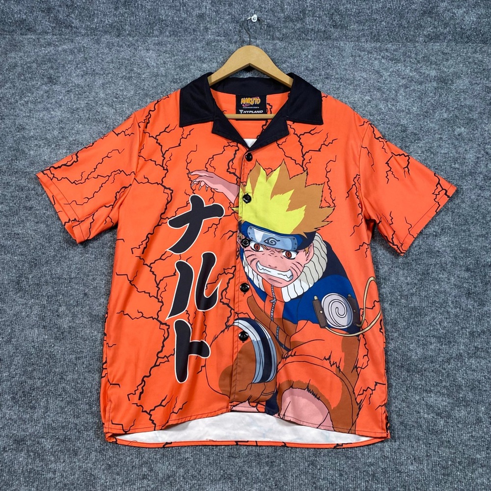 Hypland Naruto Uzumaki Orange Crackle Graphic Button Up Shirt Mens Small S